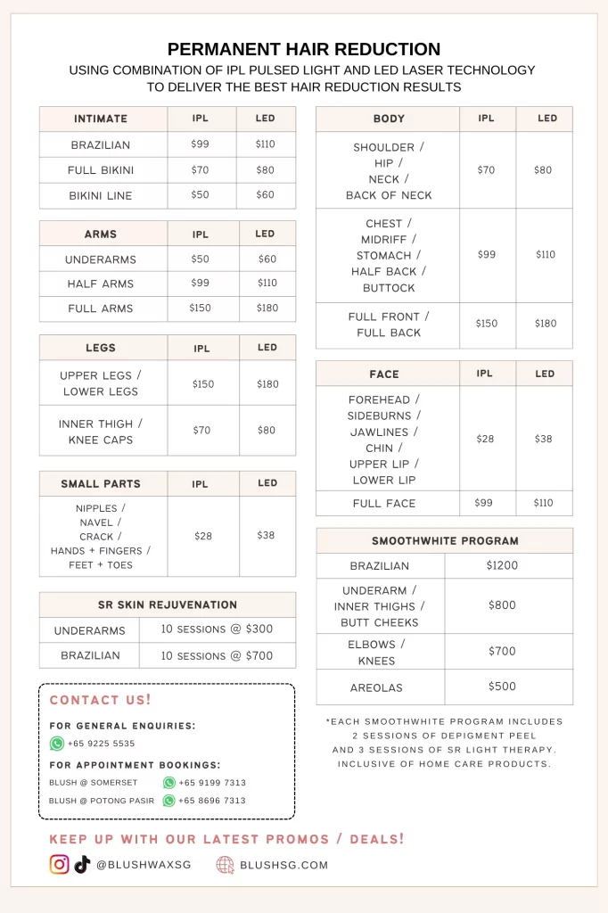 Price List for Blush IPL, Laser, SR Rejuvenation and SmoothWHITE Services