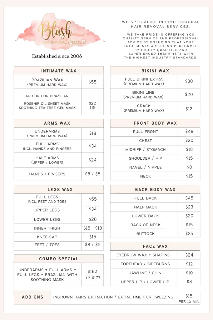 Price List for Blush Waxing Services