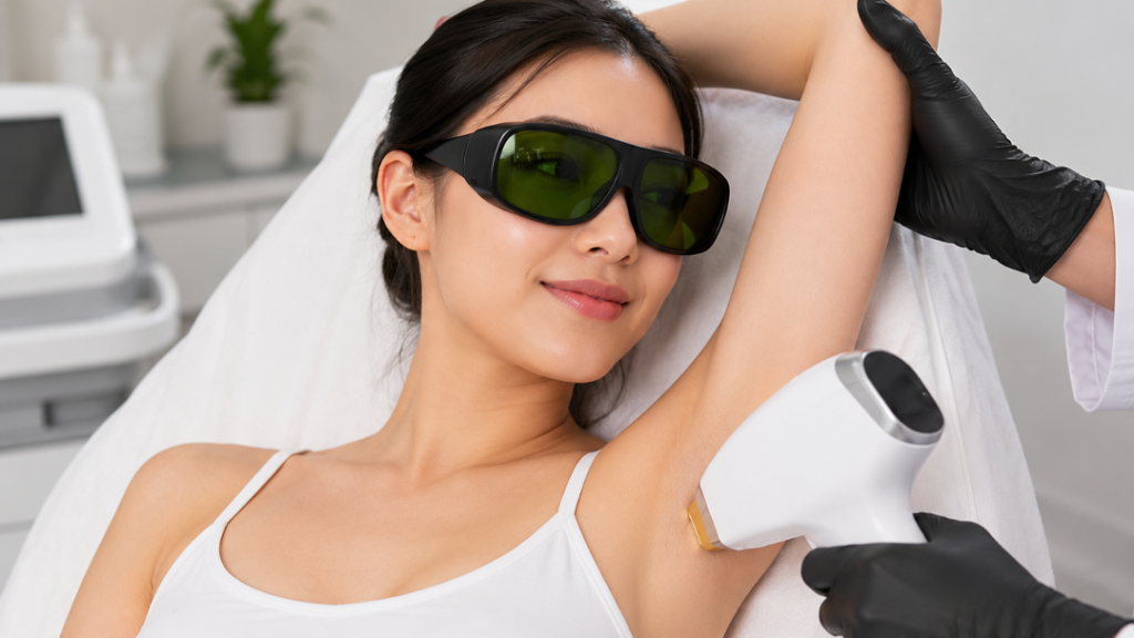 Asian woman receiving diode laser hair removal technology on her underarm in a professional beauty clinic.