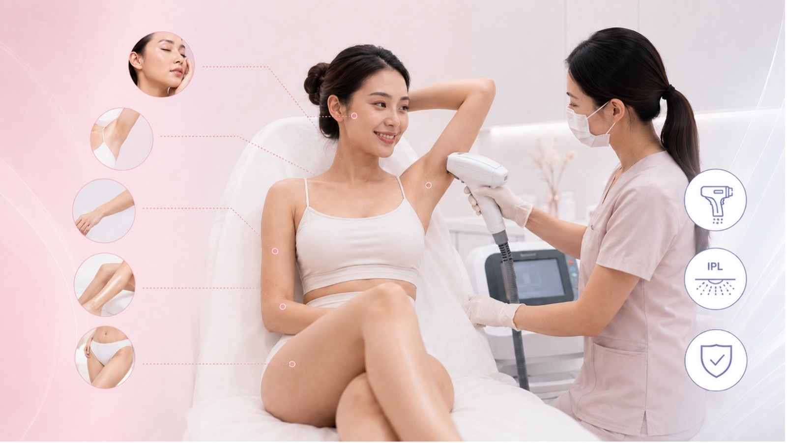 Woman receiving diode laser hair removal in a clinic with face, underarm, arm, leg and bikini treatment areas highlighted.